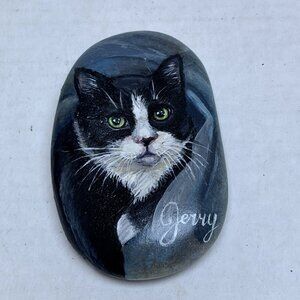 Black Cat Portrait Hand Painted On A Rock Jerry Signed TN 25 Paperweight Decor